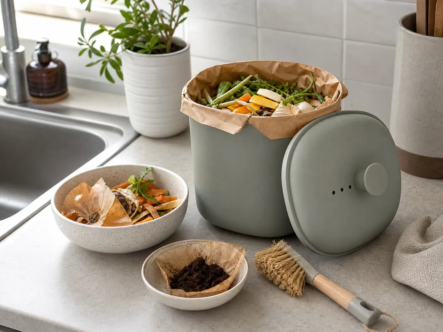 Small apartment compost bin with vegetable scraps on a clean kitchen counter