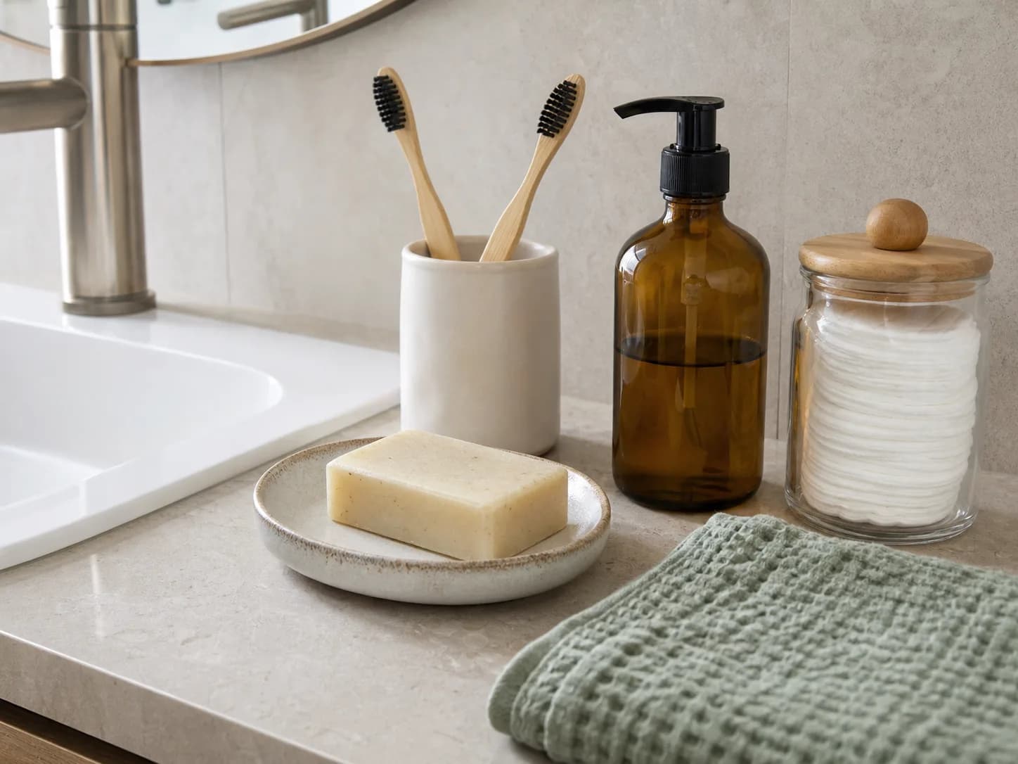 Low-waste bathroom starter items arranged beside a bright vanity sink