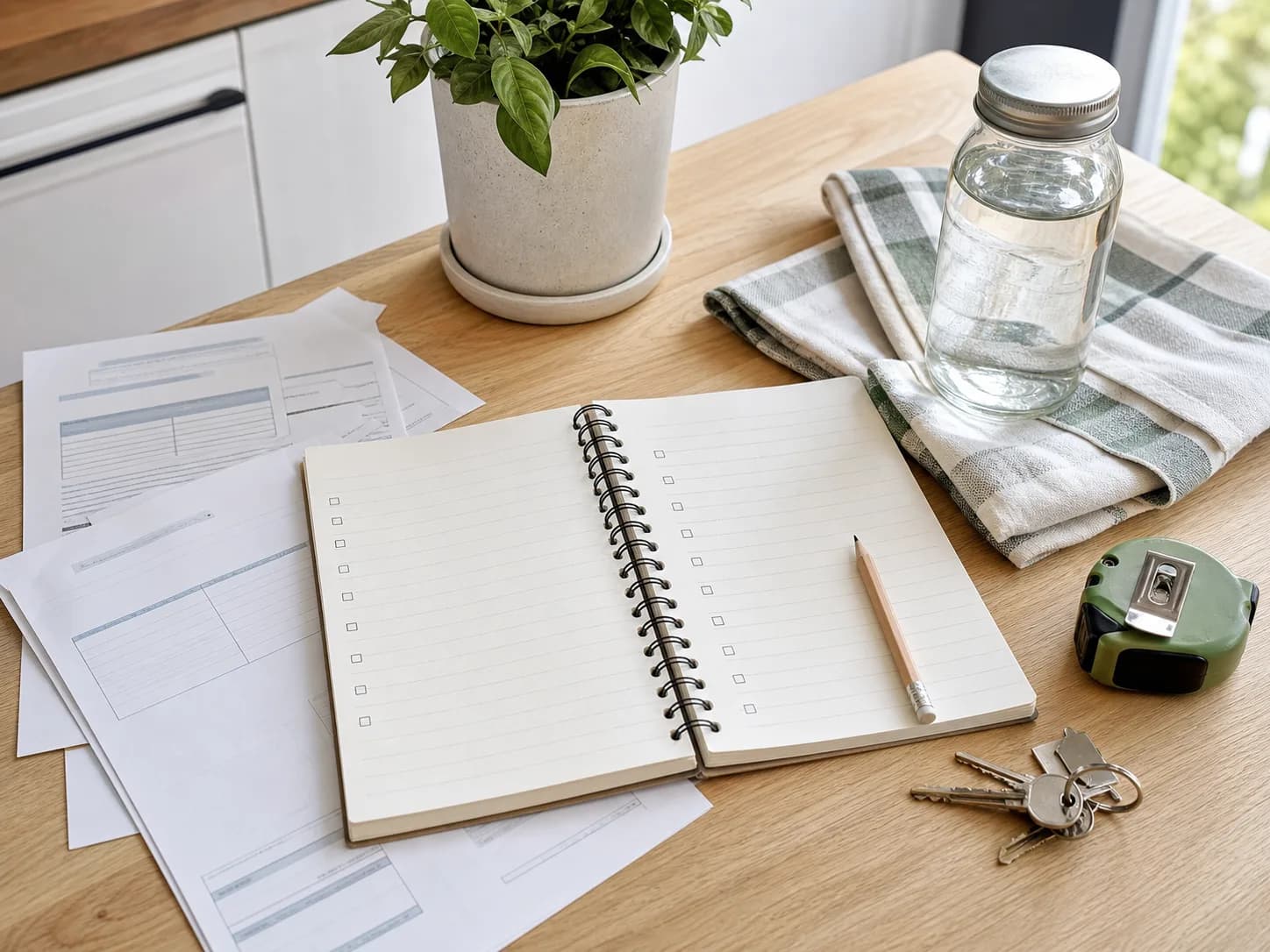 Open home audit notebook with checklist rows on a bright wooden table