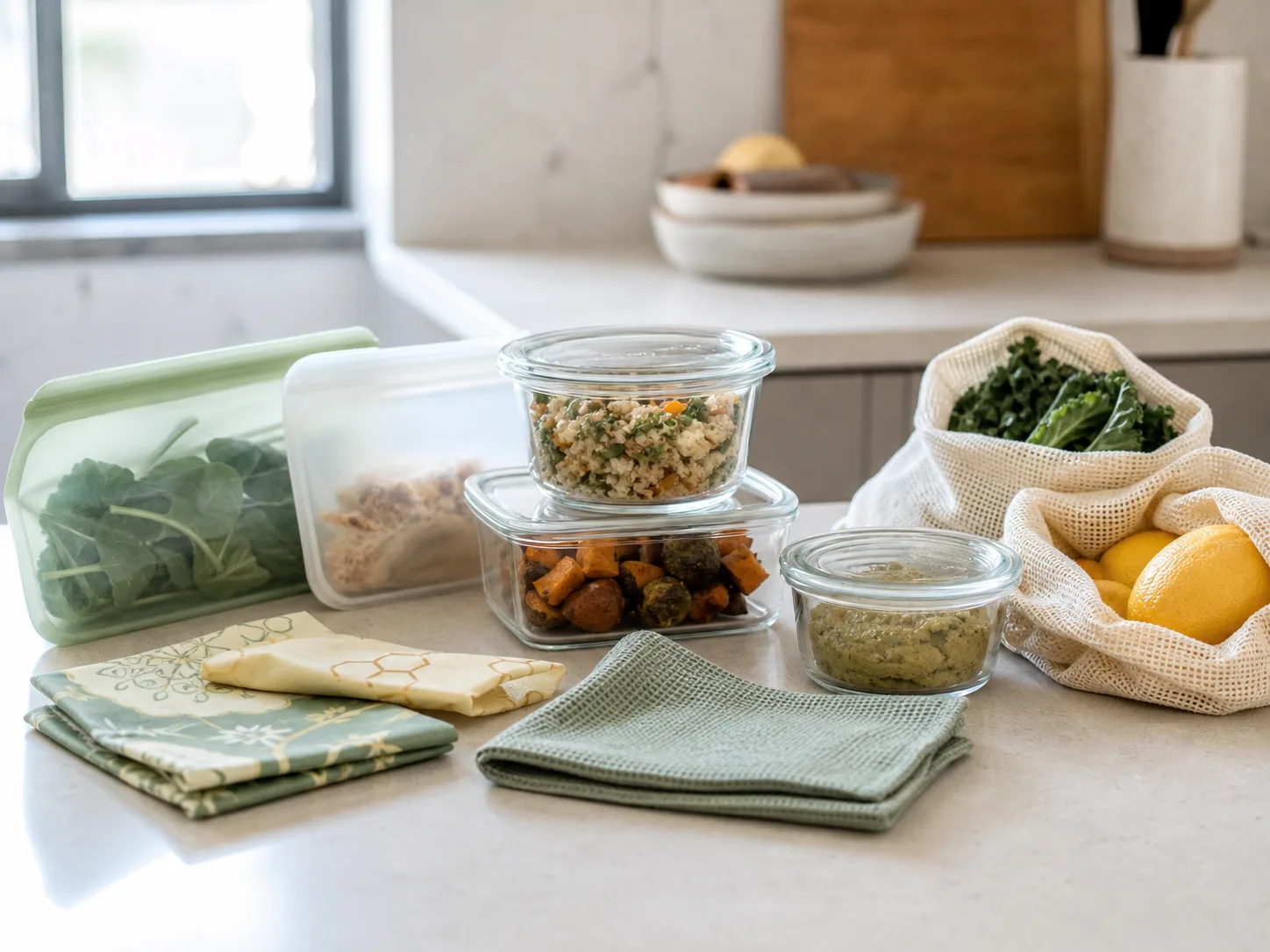 Low-waste kitchen starter kit arranged on a bright apartment counter