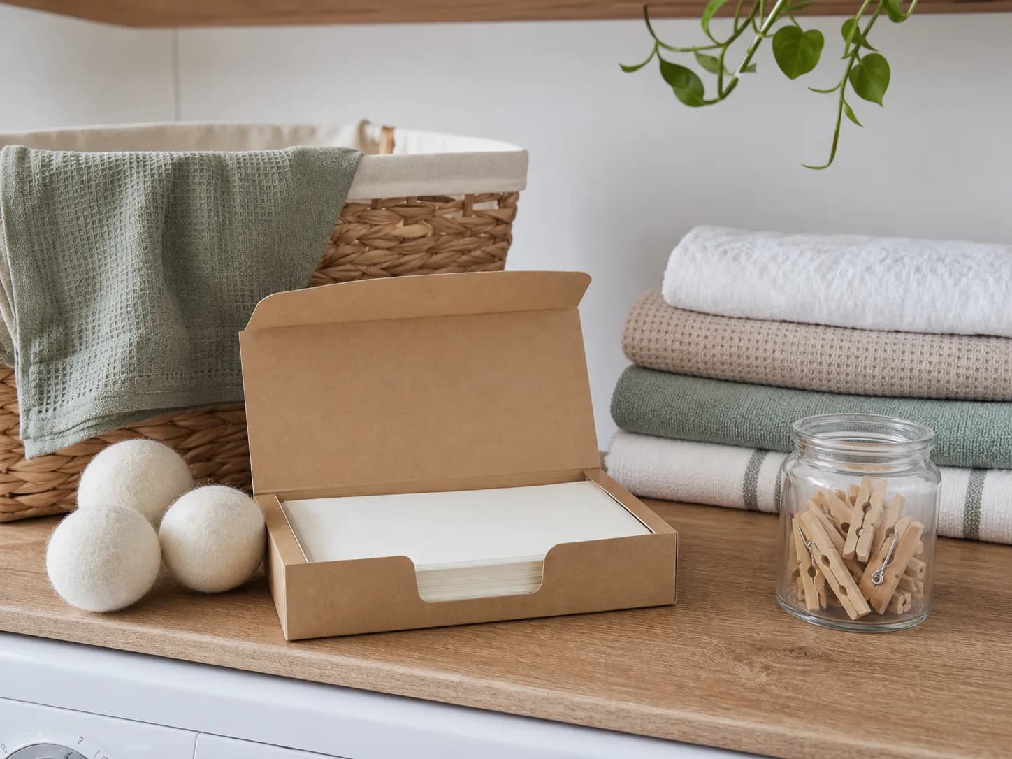 Plastic-free laundry sheets with towels and wool dryer balls on a laundry shelf