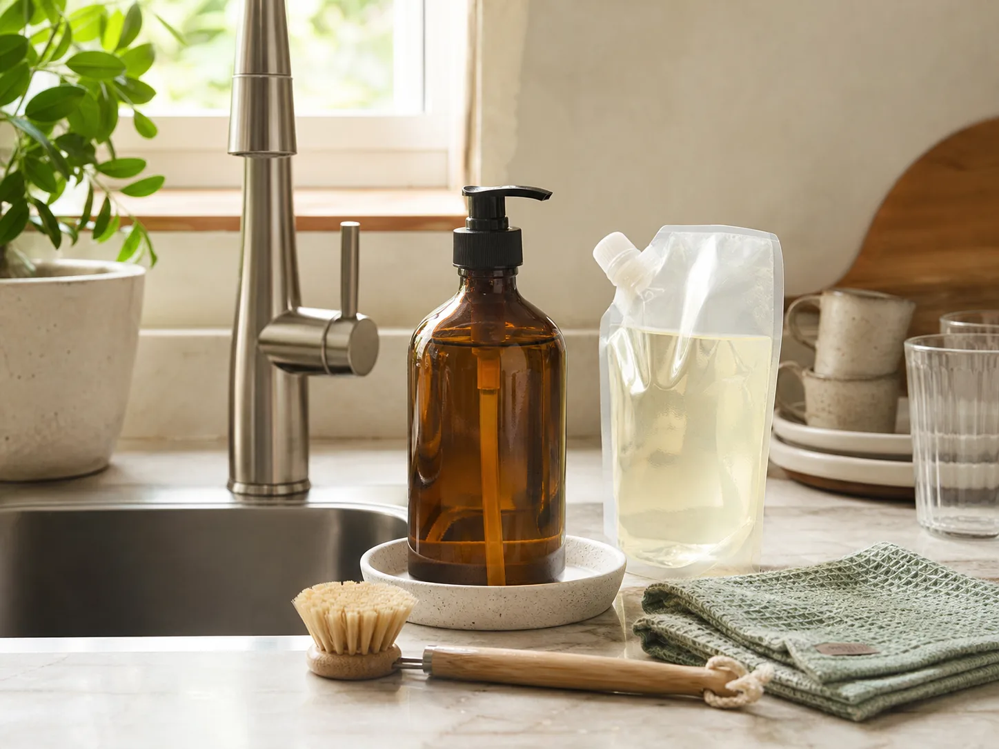 Refillable dish soap bottle with a refill pouch beside a bright kitchen sink