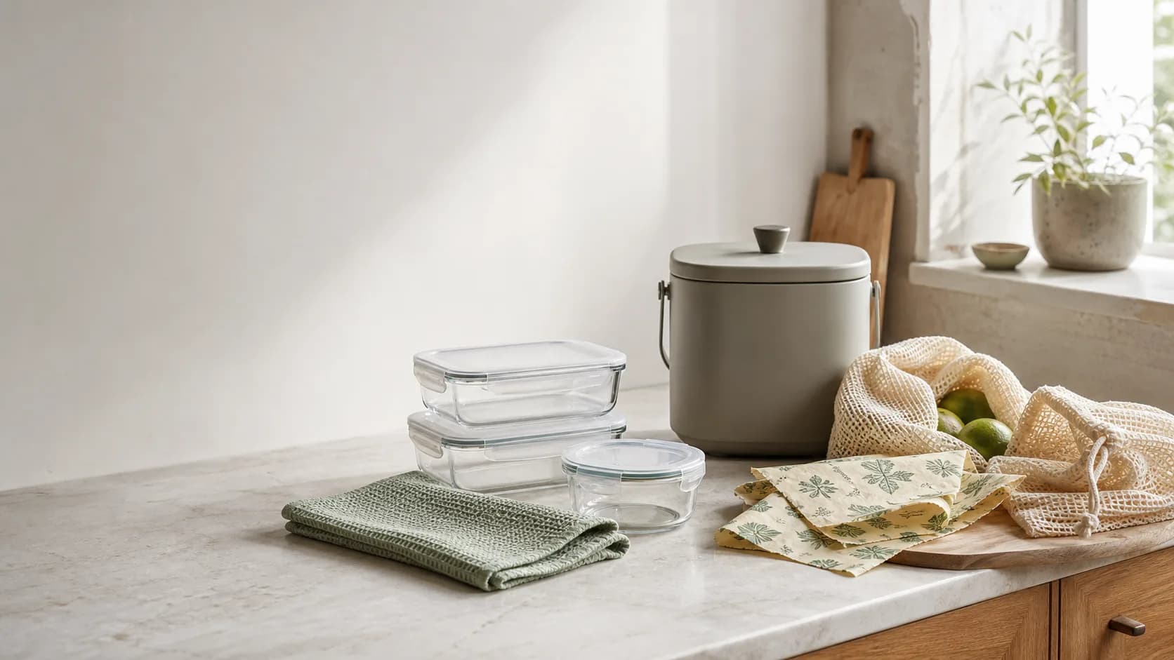 Low-waste kitchen starter items arranged on a bright apartment counter
